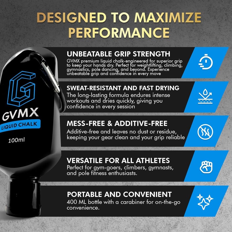 GVMX 50ML/100ML/400ML Superior Grip Premium Liquid Chalk. Long Lasting Mess-Free Gym Chalk for Weightlifting, Gymnastics, Climbing. Fast Drying Refillable Gym Accessories. Package May Vary. - Image 4